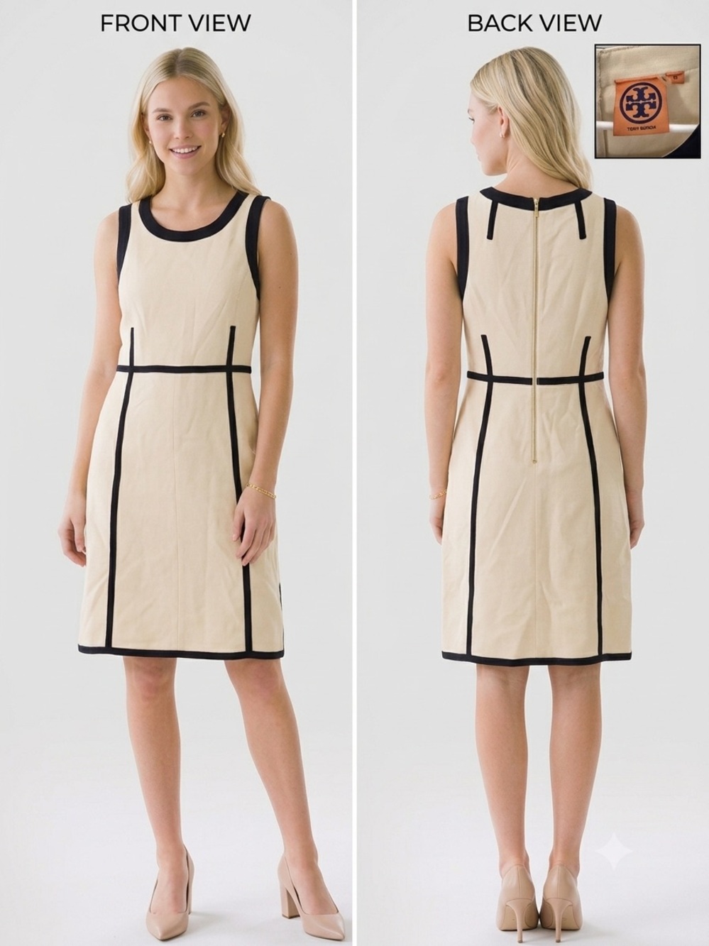 Tory Burch Beige Midi Shift Dress with Navy Trim